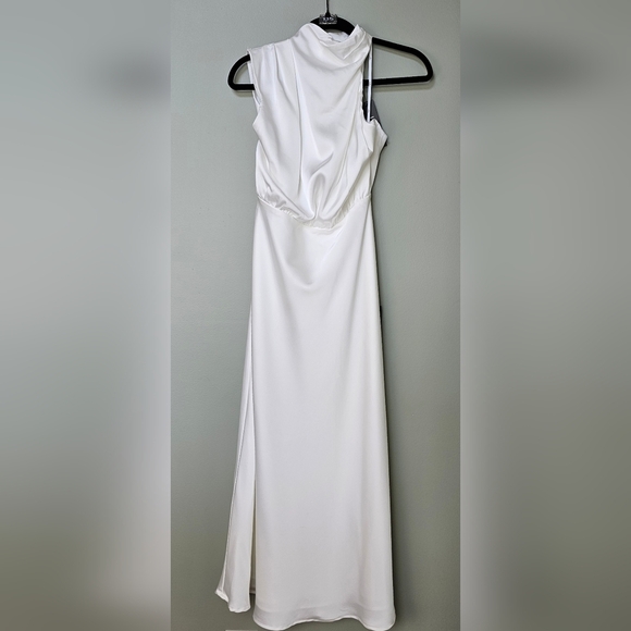 Lulus Distinctive Charm White Satin Asymmetrical Midi Dress, Size Medium - Picture 9 of 10